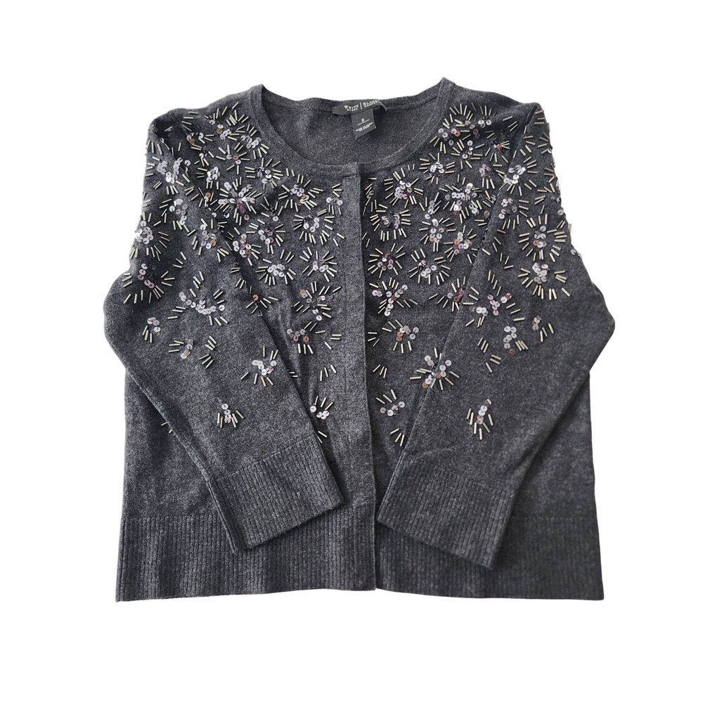 White‎ House Black Market Beaded Cardigan Women's Size S Dark Gray Embellished